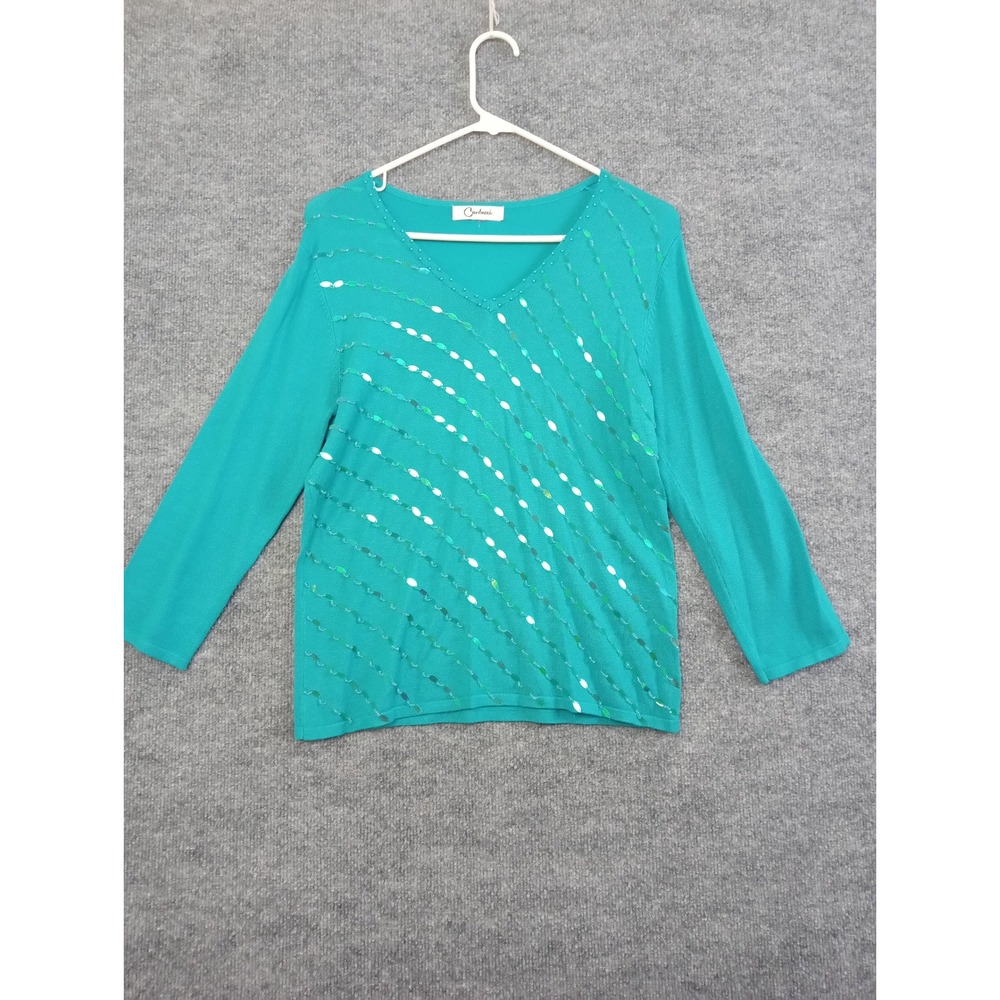 Carducci Teal‎ Embellished V Neck Long Sleeve Knit Top